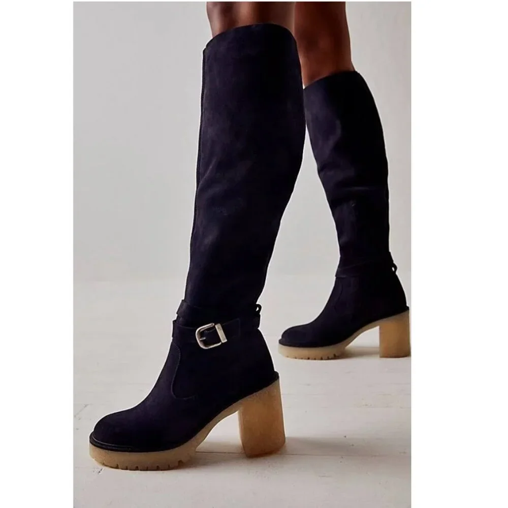 Free‎ People Suede Knee High Boots Jasper 37.5 Blue Block Heel